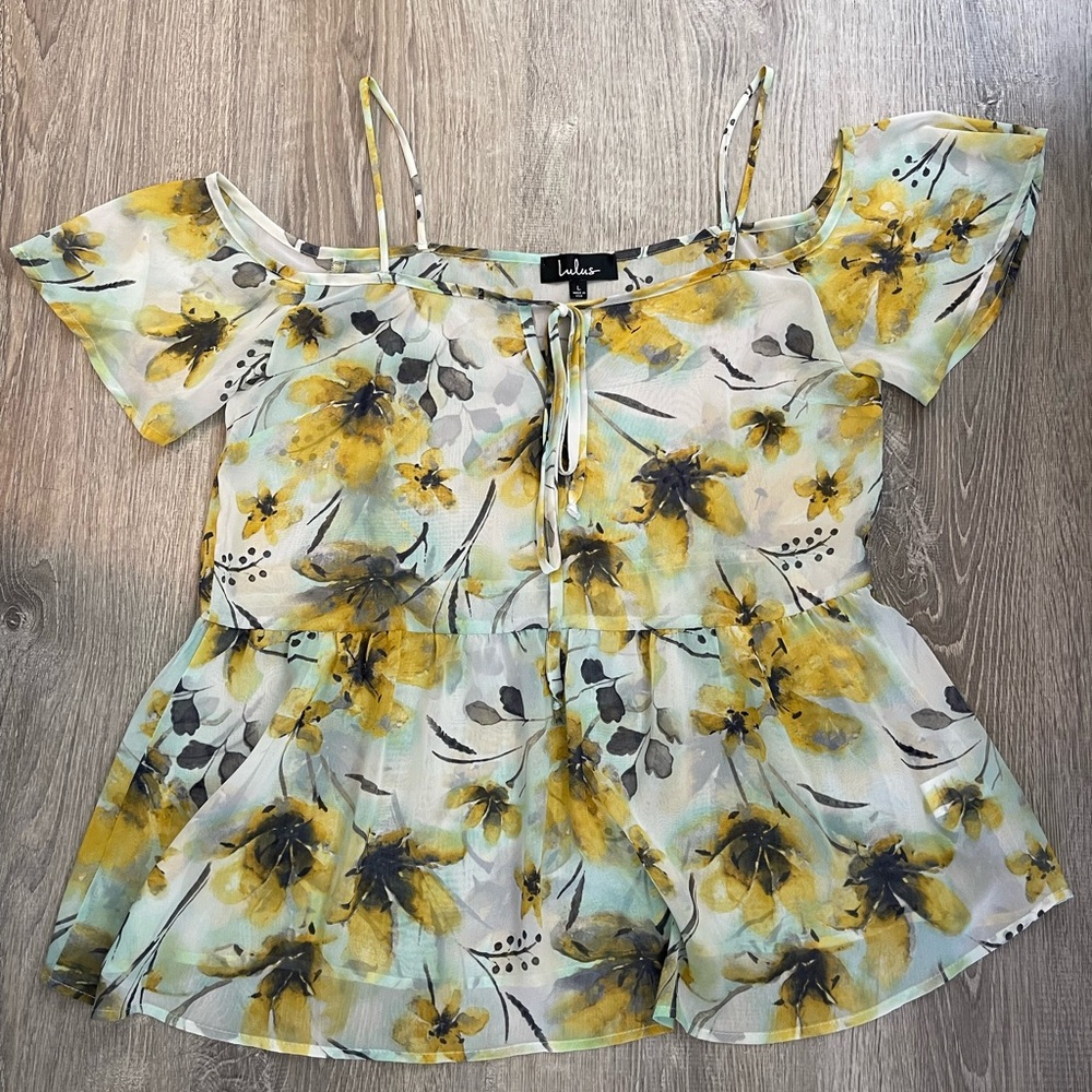 Lulu's Yellow Floral Cold-Shoulder Peplum Camisole